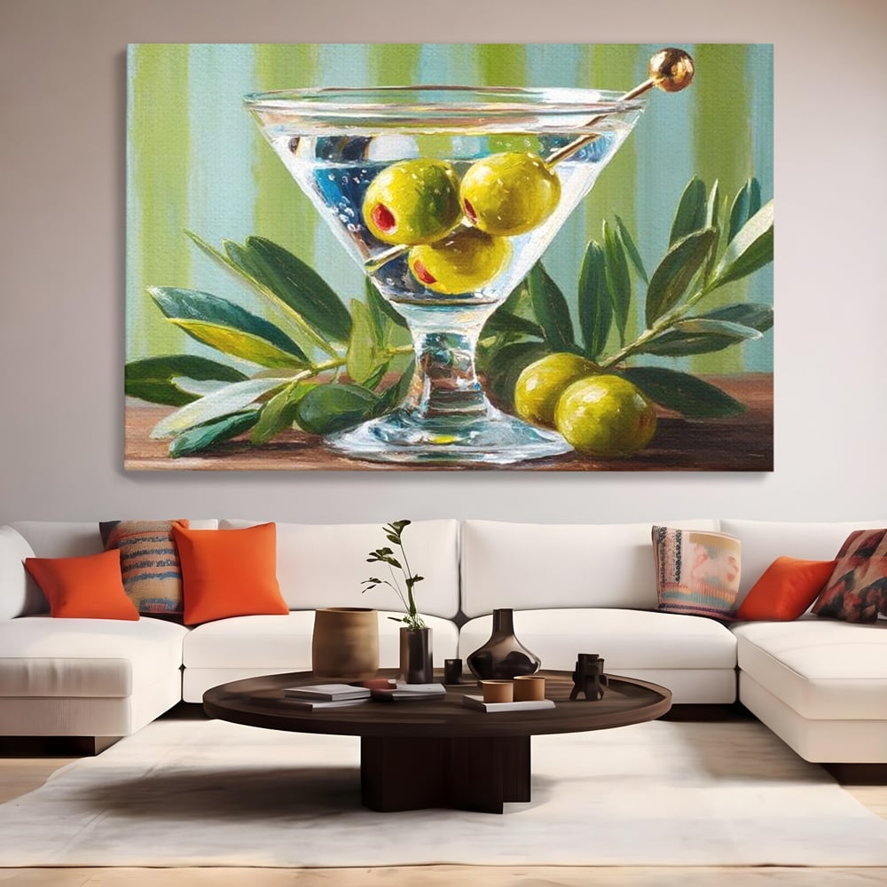 Tablou canvas cu pictura cu pahar martini si masline, fara rama, pe sasiu de lemn, pe perete intr-un living